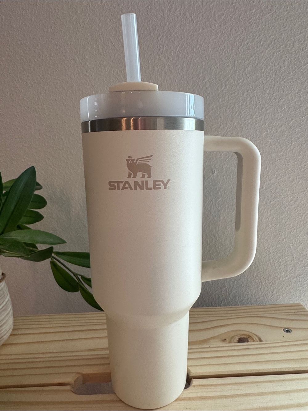 Stanley Cream Insulated Travel Mug with Handle and Straw